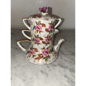 Lefton Floral Stackable Teapot Set Creamer Sugar Teacup Chip on Top Flower